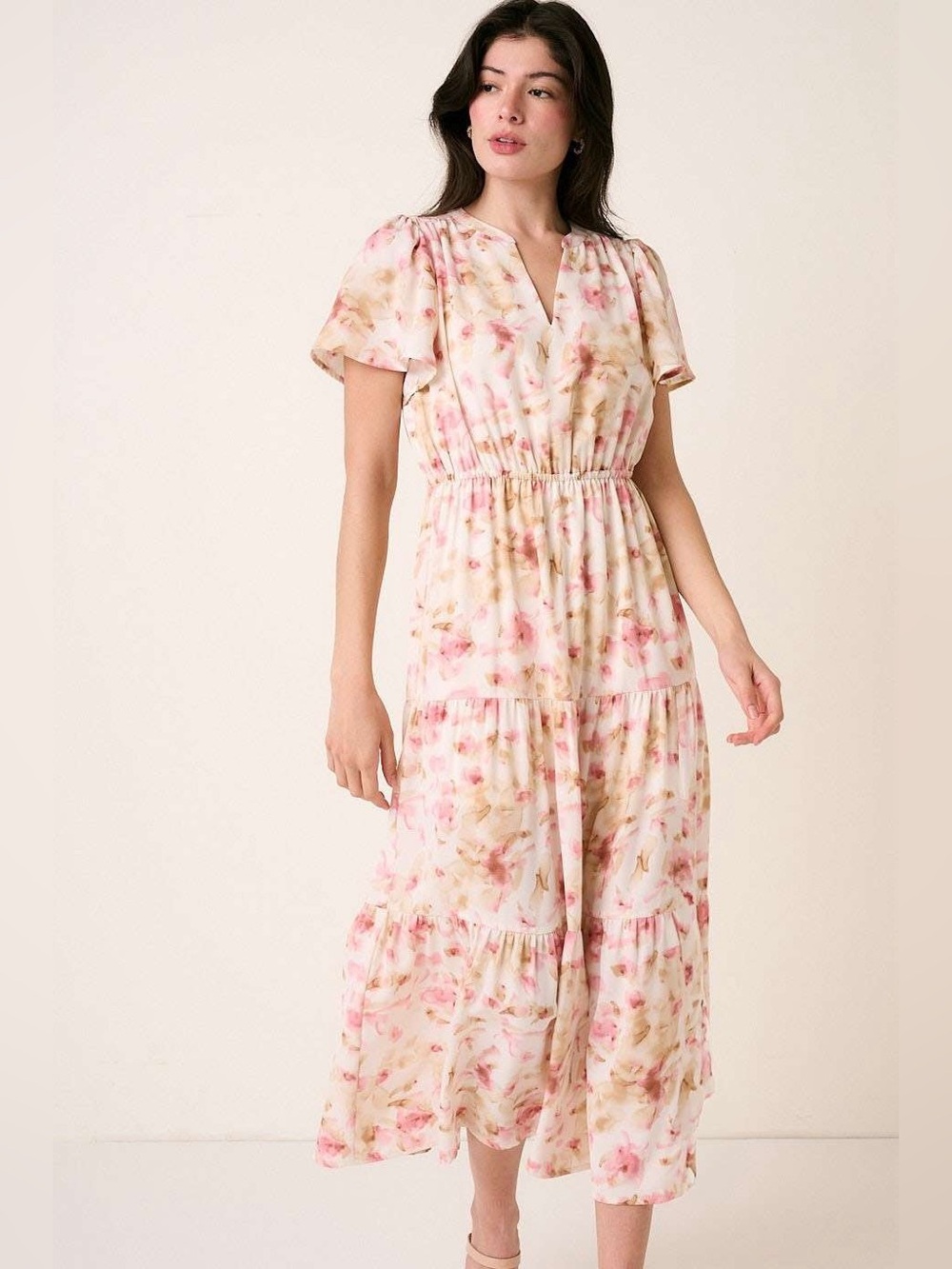 Mittoshop Flower Print Flutter Sleeve V Slit Maxi Dress
